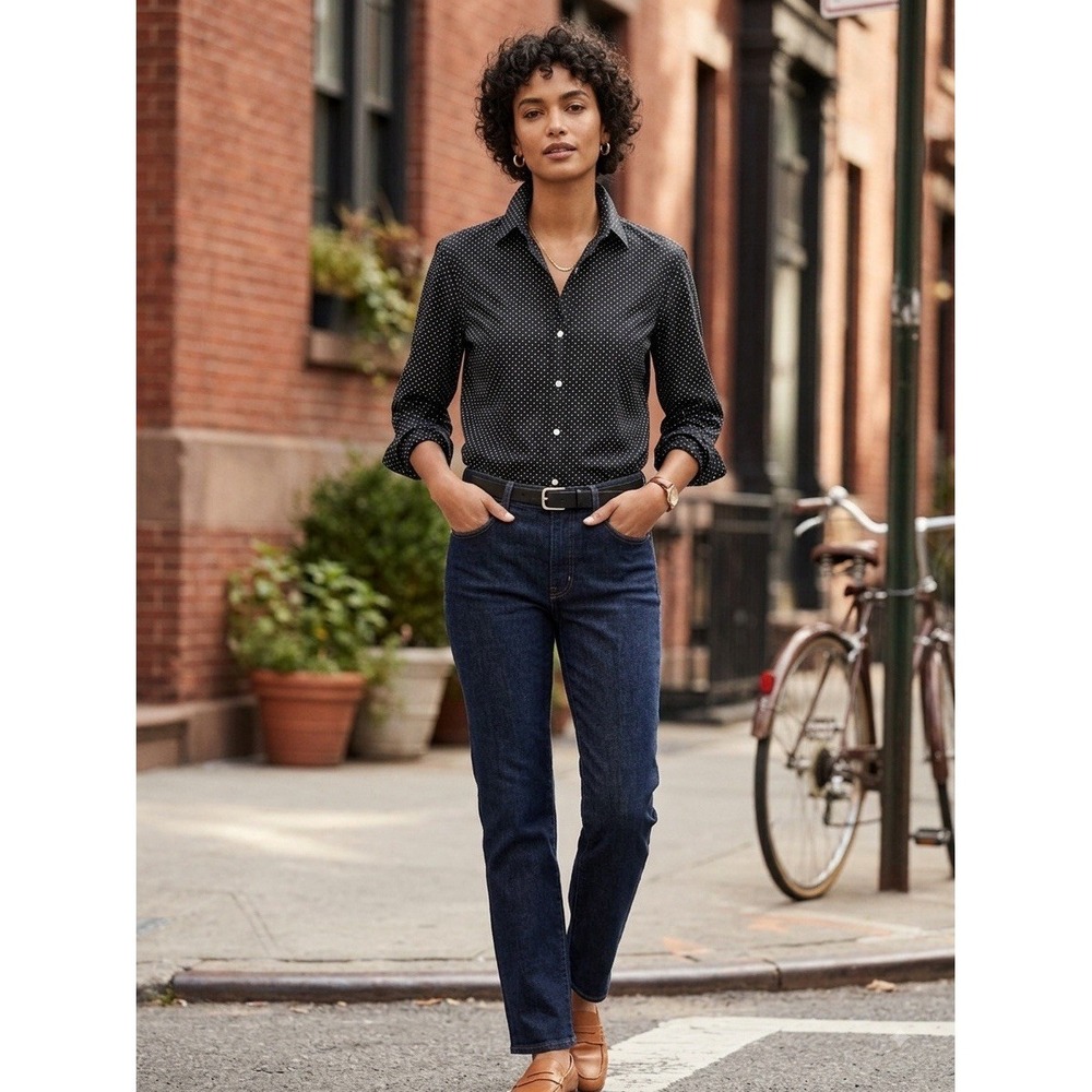 Lauren Ralph Lauren Black White Polka Dot Collared Woven Button-Up Shirt 1X
